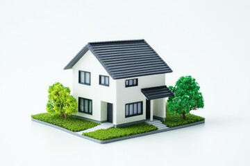 Modern Suburban House with Trees isolated on white background. Suburban Real estate Exterior with Greenery