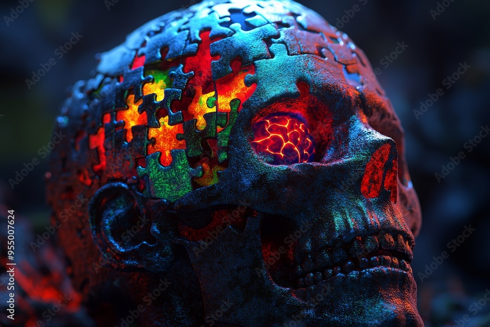 Poster Huntingtons disease Brainstorming Futuristic digital art of a skull with glowing puzzle pieces symbolizing the complexities of the mind and the ongoing process of intellectual development