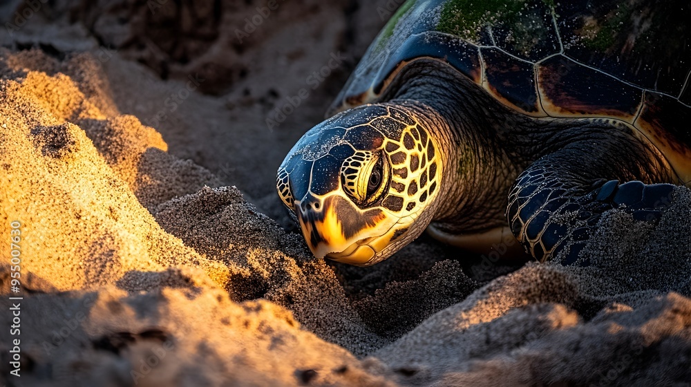 Aufkleber closeup photograph of a sea turtle digging a nest in the sandy beach to lay its eggs the turtle s fl