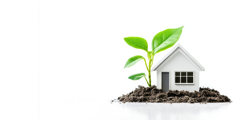 Eco friendly real estate investment concept background. Plant Leaves Sprouting Model House with copy space