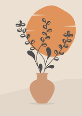 Vases with branches of plants on the background of the sun. A template for posters, prints, interior design and creative ideas