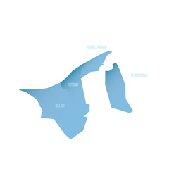 Brunei political map of administrative divisions - districts. Shaded vector map with 3D-like blue gradient and name labels