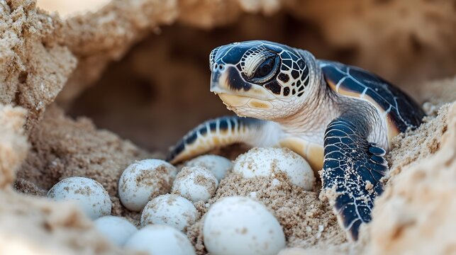 Closeup of a sea turtle gently covering its newly laid eggs with sand on a tropical beach preserving and protecting the nest for the hatchlings to emerge in the future