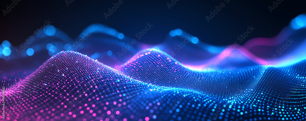 Poster abstract visualization of tech data stream with flowing wavy lines in pink and blue, computer digita