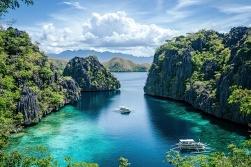Coron El Nido Palawan Philippines Tropical Paradise Clear Blue Waters and Limestone Cliffs south east asia landscape , ai