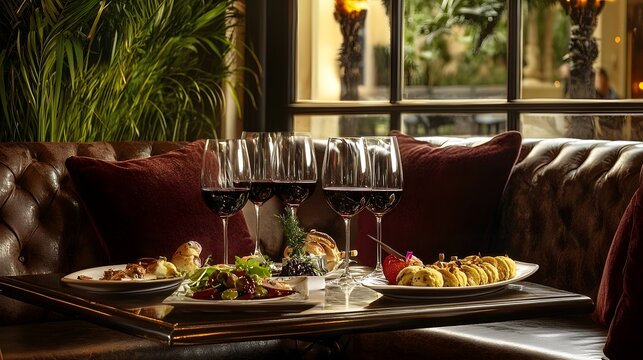 A plush seating area with wine and tapas beautifully arranged on a table