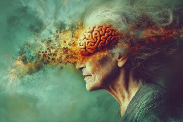 ALS Brainstorming Surreal portrait of an elderly woman with brain visuals symbolizing the explosion of ideas and the intense mental activity in later life