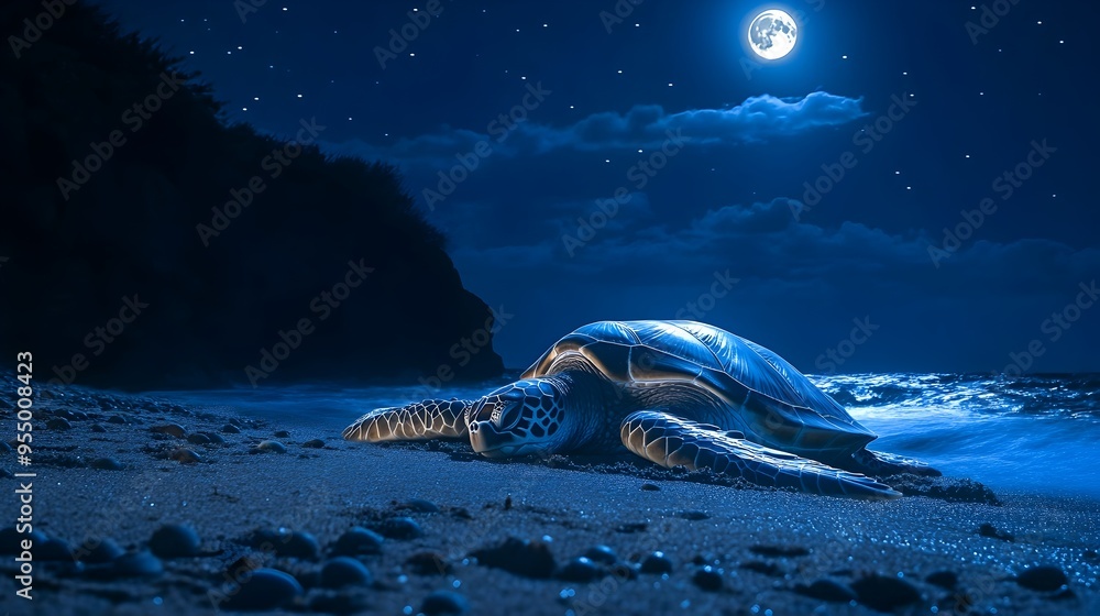 Aufkleber close up view of a sea turtle meticulously digging a nest and laying its eggs under the soft glow of