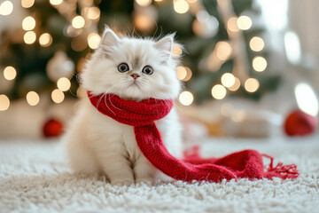 Cute fluffy kitten in a red scarf near the Christmas tree
