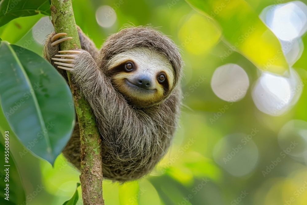 Poster a sloth hanging upside down on a tree branch with a green blurred background