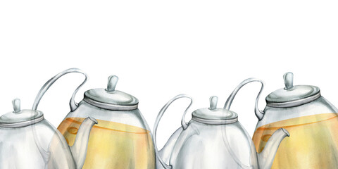 Glass empty tea pot and kettle with orange hot sea buckthorn tea illustration. Hand drawn drinking liquid banner for cafe menu, poster, autumn decor design. Medicine packing