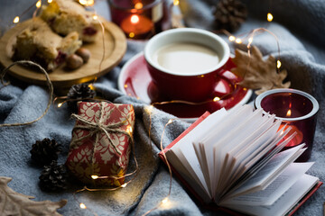  cup of coffee, gift and candles