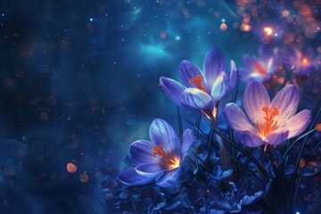 Dark Blue Galaxy. Crocus Blossoms on Ethereal Cosmic Background