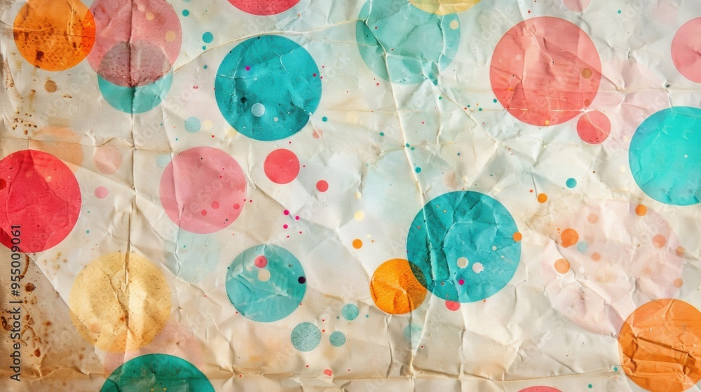 Poster a textured surface shows a retro pattern of polka dots in various sizes and colors, adding a playful