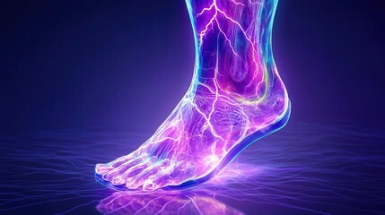Futuristic glowing human foot with colorful, abstract light patterns, depicting digital technology and anatomical science.