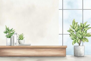 Green office space, plants and natural light, sustainable design, Watercolor style