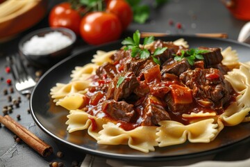 A serving of kokkinisto, beef stew cooked in a rich tomato sauce with cinnamon and cloves, served with pasta