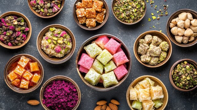 Turkish pleasure, traditional, on a grey background. Arab dish of pistachios, almonds, halva, rahat lokum, sherbet, and baklava in a bowl on a gray backdrop.