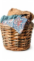 Obraz premium A colorful wicker basket holds folded clothes in various colors and patterns. Resting on a white surface, it stands out against a pure white background.