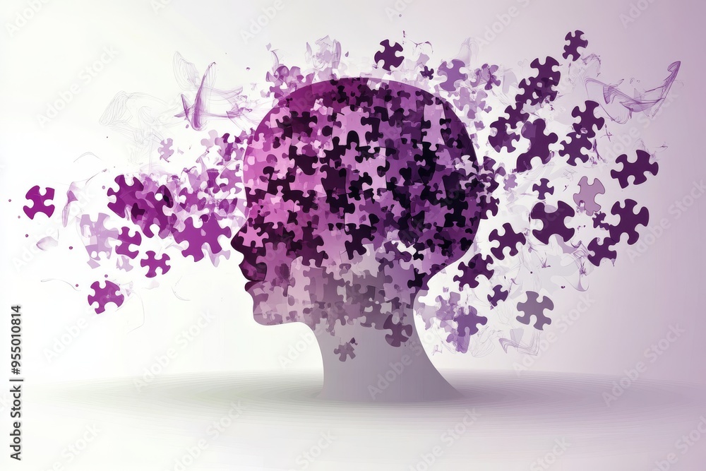 Poster epilepsy brainstorming surreal portrait of a woman dissolving into puzzle pieces symbolizing the fra