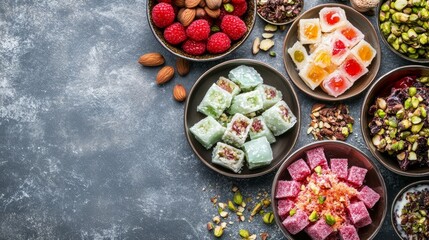 Turkish pleasure, traditional, on a grey background. Arab dish of pistachios, almonds, halva, rahat lokum, sherbet, and baklava in a bowl on a gray backdrop.