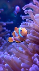 A colorful underwater scene featuring a clownfish with a distinct orange color and white/blue stripes, surrounded by sea anemones and other fish in a serene, dreamlike setting.