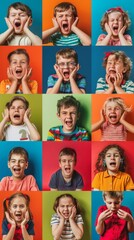 Collage of 15 square photos shows children with varied expressions, representing emotions like joy, sadness, and anger. Diverse kids in colorful backgrounds create a lively atmosphere.