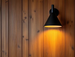Obraz premium Contemporary black wall lamp casting warm glow on rustic wooden paneling, enhancing cozy home ambiance. Modern lighting design for interior decor.