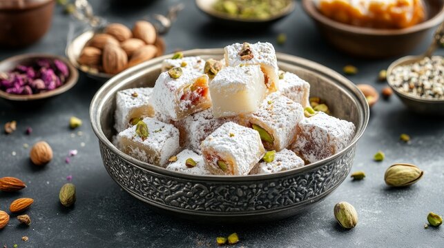 Turkish pleasure, traditional, on a grey background. Arab dish of pistachios, almonds, halva, rahat lokum, sherbet, and baklava in a bowl on a gray backdrop.