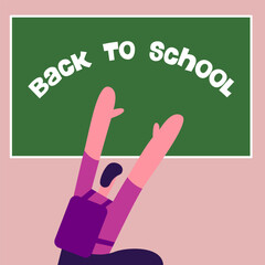 Back to school concept banner illustration. Schoolboy with school backpack with unique Back to school typography on school board. Knowledge day. Flat vector illustration.