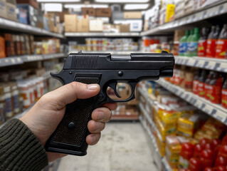 Hand Holding a Black Handgun in the Aisle of a Grocery Store or Supermarket. The Presence of a Firearm in a Public Space Concept.