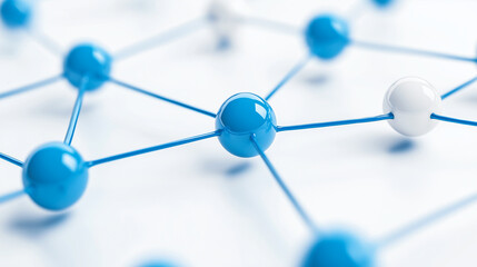 Close-up of blue bonds over white and gray spheres in molecular network connection