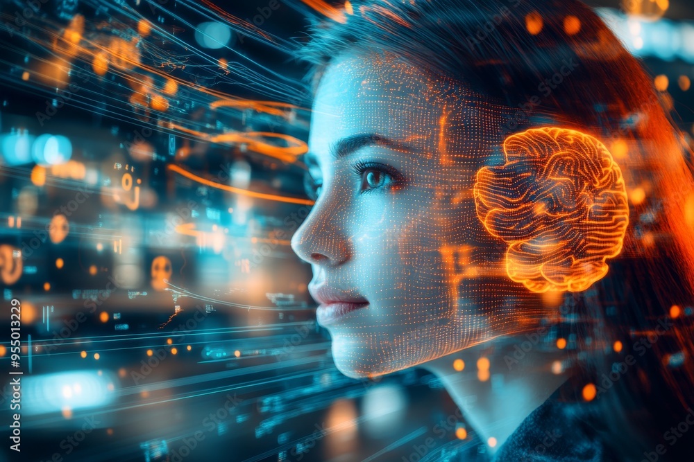 Poster hydrocephalus brainstorming futuristic digital art of a woman with a glowing brain and neural networ