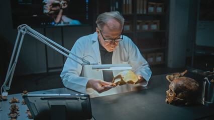 Senior archaeologist measures and studies fossil bones under lamp with professional tools in...