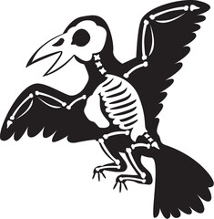Silhouette Halloween flying croaking raven bird with roentgen skeleton bones, fairy tale creepy character. Scary shadow outline of raven. Simple black and white Vector isolated on white background