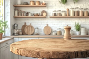 Empty beautiful round wood tabletop counter on interior in clean and bright kitchen background, Ready for display, Banner, for product montage , ai