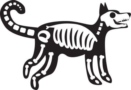Silhouette Halloween angry dog with roentgen skeleton bones, fairy tale creepy character. Scary shadow outline of angry dog. Simple black and white Vector isolated on white background