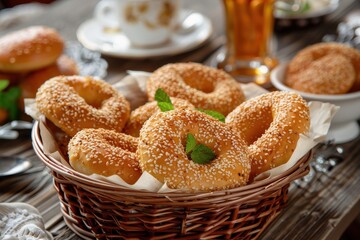 A serving of koulouri, sesame-coated bread rings arranged in a basket, perfect for a traditional Greek breakfast