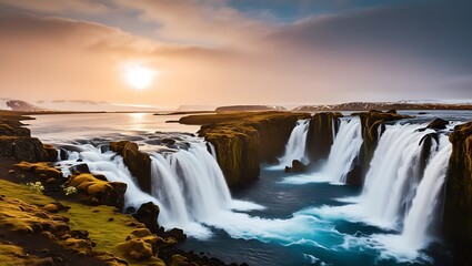 Experience the enchanting beauty of Iceland with this breathtaking photograph of a powerful waterfall under the mesmerizing glow of the midnight sun.