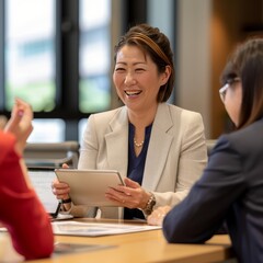 Business meeting in modern office with a smiling woman engaging with colleagues using a tablet while discussing project ideas
