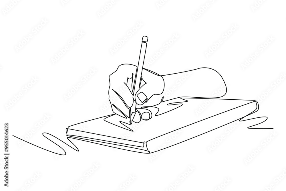 Poster continuous one line drawing of student school or collage hand gesture writing on an open note book t