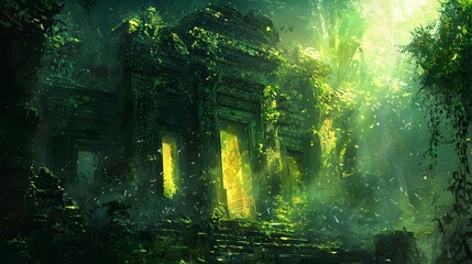 Obraz premium Overgrown Ancient Jungle Temple Ruins in Enchanted Ethereal Atmosphere