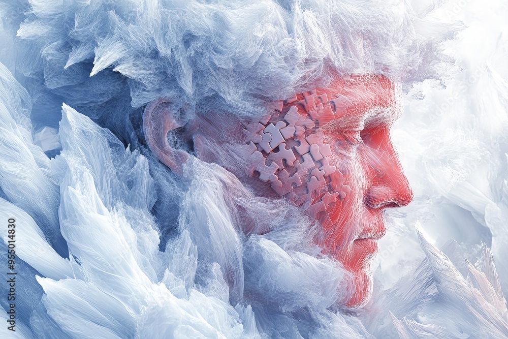 Poster ALS Insight Abstract art of an elderly man with a cracked face and digital visuals symbolizing the fragility of memory and the impact of time on cognition