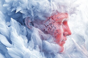 Obraz premium ALS Insight Abstract art of an elderly man with a cracked face and digital visuals symbolizing the fragility of memory and the impact of time on cognition