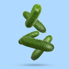 Whole ripe cucumbers falling on light blue background