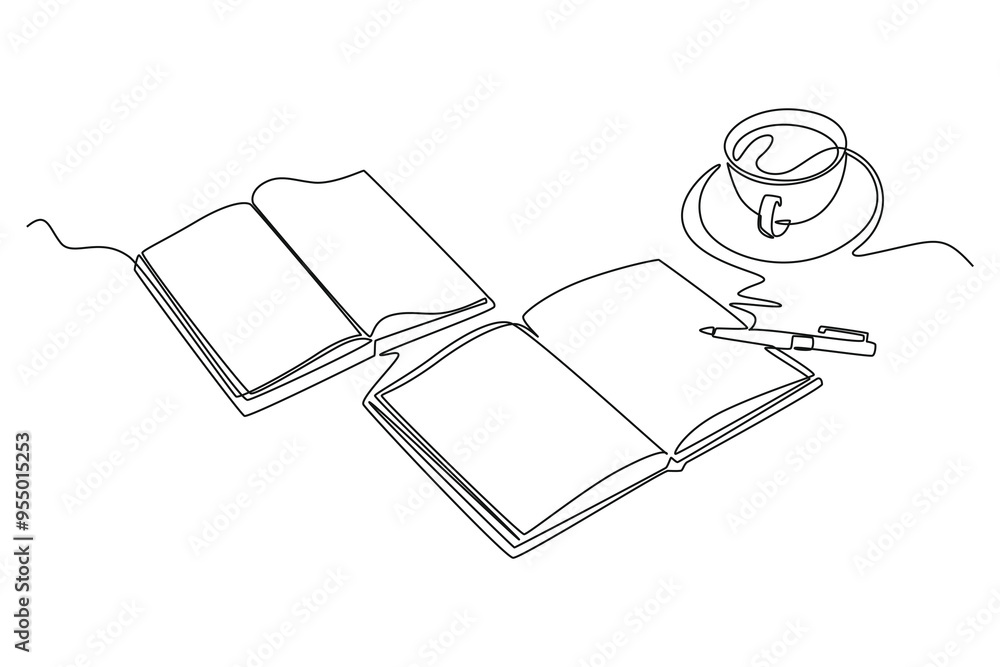 Aufkleber single continuous line drawing of hand gesture writing on an open book beside a cup of coffee at wor