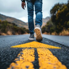 A person walking on a long road marked by a yellow arrow in a scenic landscape during cloudy weather