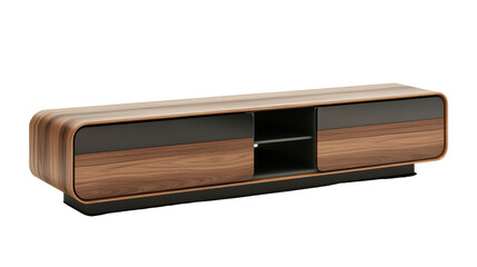 A modern and stylish walnut TV stand with black drawers, perfect for any living room.  The sleek design adds a touch of sophistication to any home entertainment space. 