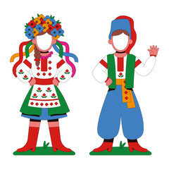 Boy and Girl in Ukrainian folk costumes. Photo zone stands for pushing faces through. Flat vector illustration isolated on white background.