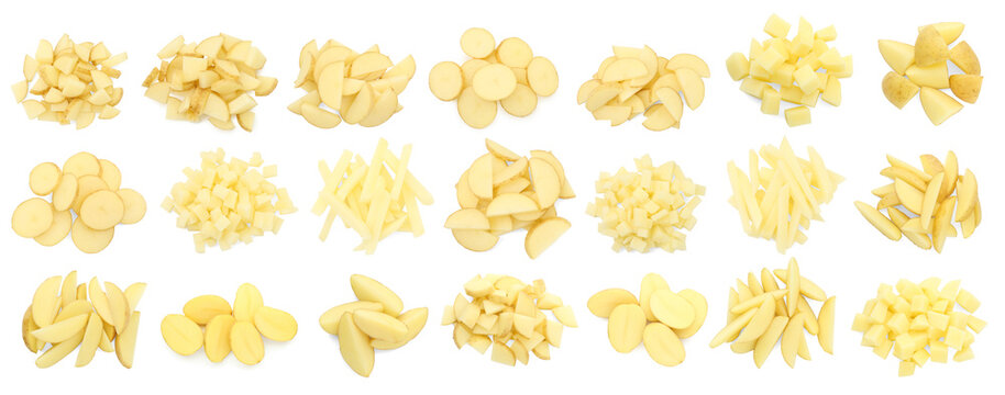 Potatoes sliced in different ways isolated on white, set